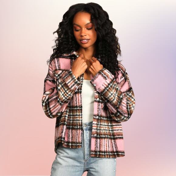LULUS The City is Calling Plaid Pink Shacket Lagenlook Relaxed Coquette Cozy - Picture 16 of 16